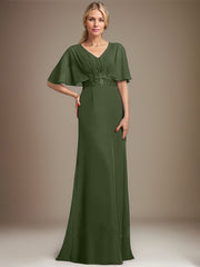 A-line V-Neck Floor-Length Chiffon Mother of the Bride Dress With Sequins Appliques Lace Pleated