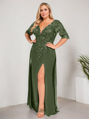 Sheath/Column V-Neck Floor-Length Lace Chiffon Mother of the Bride Dress With Sequins