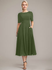 A-line Scoop Tea-Length Chiffon Mother of the Bride Dress With Appliques Lace Sequins