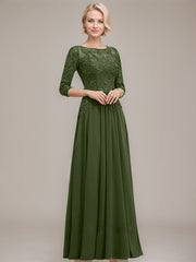 A-line Boat Neck Illusion Floor-Length Chiffon Lace Mother of the Bride Dress With Sequins Beading