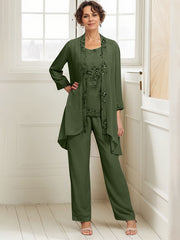 Elegant Appliques 3 Pieces Chiffon Mother of The Bride Jumpsuit with Wrap