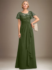 A-line Asymmetrical Illusion Floor-Length Lace Chiffon Mother of the Bride Dress With Cascading Ruffles Sequins
