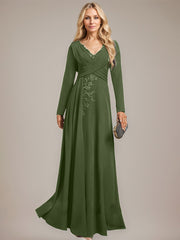 A-line V-Neck Floor-Length Stretch Crepe Evening Dress With Pleated Sequins Appliques Lace