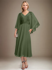 A-line V-Neck Tea-Length Chiffon Lace Mother of the Bride Dress With Sequins Beading