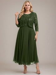 A-line Boat Neck Illusion Tea-Length Lace Chiffon Mother of the Bride Dress With Sequins