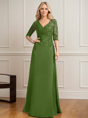 A-line V-Neck Floor-Length Lace Chiffon Mother of the Bride Dress With Pleated Sequins