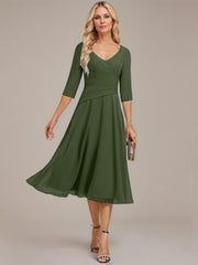 A-line V-Neck Tea-Length Chiffon Mother of the Bride Dress With Pleated