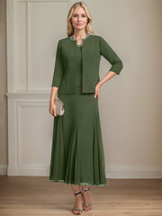 Separates A-line Scoop Tea-Length Chiffon Mother of the Bride Dress With Sequins Beading