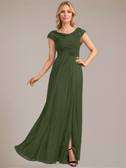 A-line Scoop Floor-Length Mesh Mother of the Bride Dress With Pleated Beading