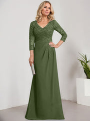 Sheath/Column V-Neck Illusion Floor-Length Lace Chiffon Mother of the Bride Dress With Pleated Sequins