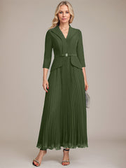 A-line Collared V-Neck Ankle-Length Chiffon Mother of the Bride Dress With Beading Pleated