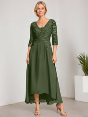 A-line V-Neck Asymmetrical Chiffon Lace Mother of the Bride Dress With Pleated Beading