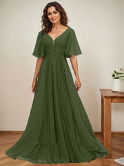 A-line V-Neck Floor-Length Chiffon Mother of the Bride Dress With Sequins Appliques Lace Pleated