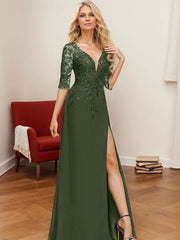 A-Line V-Neck 1/2 Sleeves Floor-Length Chiffon Mother Of The Bride Dresses With Lace