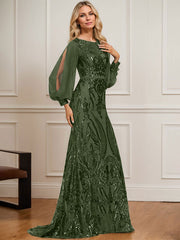 Trumpet/Mermaid Boat Neck Illusion Sweep Train Chiffon Sequin Evening Dress