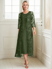 A-line Scoop Tea-Length Lace Chiffon Mother of the Bride Dress