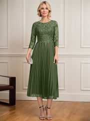 A-line Scoop Illusion Tea-Length Lace Chiffon Mother of the Bride Dress With Sequins Pleated