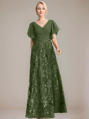 A-line V-Neck Floor-Length Lace Sequin Chiffon Mother of the Bride Dress With Pleated