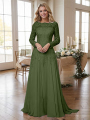 A-line Bateau Long Sleeves Appliques Lace Sweep Train Chiffon Mother of the Bride Dres