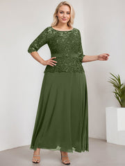 A-line Scoop Illusion Ankle-Length Chiffon Lace Mother of the Bride Dress With Rhinestone Beading