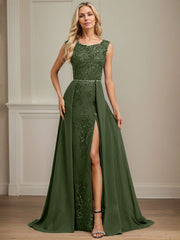 Sheath/Column Scoop Illusion Floor-Length Detachable Chiffon Lace Mother of the Bride Dress With Sequins Beading