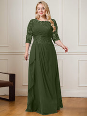 A-line Scoop Floor-Length Lace Chiffon Mother of the Bride Dress With Cascading Ruffles Sequins