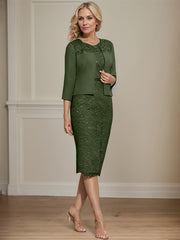 Sheath/Column Scoop Knee-Length Chiffon Lace Mother of the Bride Dress With Beading