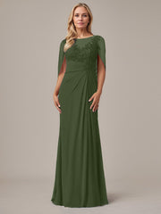 A-Line Floor-Length Boat-Neck Lace Capelet Chiffon Mother of the Bride Dress