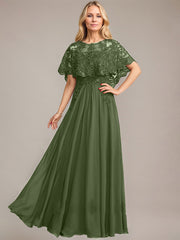 A-line Scoop Illusion Floor-Length Lace Chiffon Mother of the Bride Dress With Sequins