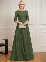 A-line Scoop Floor-Length Lace Chiffon Mother of the Bride Dress With Crystal Brooch Sequins