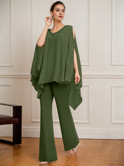 Separates Jumpsuit/Pantsuit V-Neck Floor-Length Chiffon Mother of the Bride Dress With Beading