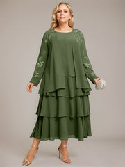 A-line Scoop Tea-Length Chiffon Mother of the Bride Dress With Cascading Ruffles