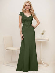 A-Line V-Neck Sweep Train Elastic Mother Of The Bride Dresses With Lace