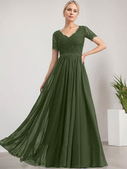 A-line V-Neck Floor-Length Lace Chiffon Mother of the Bride Dress