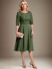 A-line Scoop Knee-Length Lace Chiffon Mother of the Bride Dress