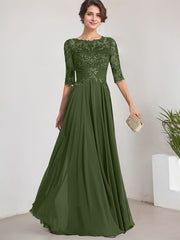 A-line Scoop Illusion Floor-Length Lace Chiffon Mother of the Bride Dress With Pleated Sequins