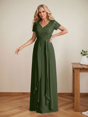 Elegant A-Line Chiffon V-neck Mother of the Brides Dresses Lace Top MOB Dresses