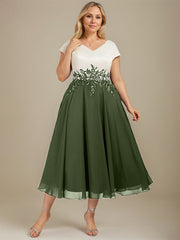 A-line V-Neck Tea-Length Satin Chiffon Mother of the Bride Dress With Appliques Lace