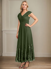 A-line V-Neck Ankle-Length Chiffon Mother of the Bride Dress With Bow Sequins Appliques Lace