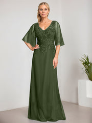 A-line V-Neck Floor-Length Lace Chiffon Mother of the Bride Dress With Sequins Beading