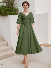 A-Line V-Neck 1/2 Sleeves Chiffon Mother Of The Bride Dresses With Lace