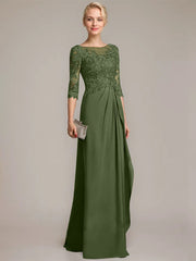 A-line Scoop Illusion Floor-Length Chiffon Lace Mother of the Bride Dress With Beading Sequins Cascading Ruffles