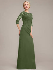 A-line Scoop Floor-Length Chiffon Lace Mother of the Bride Dress With Sequins Beading Pleated