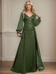 A-Line V-Neck Long Sleeves Floor-Length Chiffon Mother Of The Bride Dresses With Lace