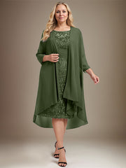 Sheath/Column Scoop Illusion Knee-Length Lace Chiffon Mother of the Bride Dress With Cascading Ruffles Sequins