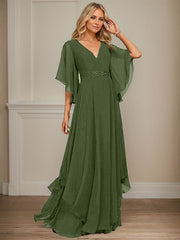 A-line V-Neck Floor-Length Chiffon Mother of the Bride Dress With Sequins Appliques Lace Beading