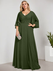 A-line V-Neck Floor-Length Chiffon Lace Mother of the Bride Dress With Sequins Beading