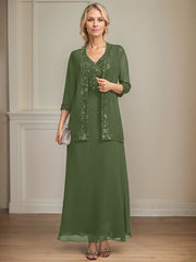 A-line V-Neck Ankle-Length Lace Sequin Chiffon Mother of the Bride Dress