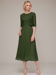 A-line/Princess Scoop Tea-Length Chiffon Mother of the Bride Dress With Lace Jacket