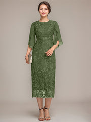 Sheath/Column Scoop Tea-Length Lace Chiffon Mother of the Bride Dress
